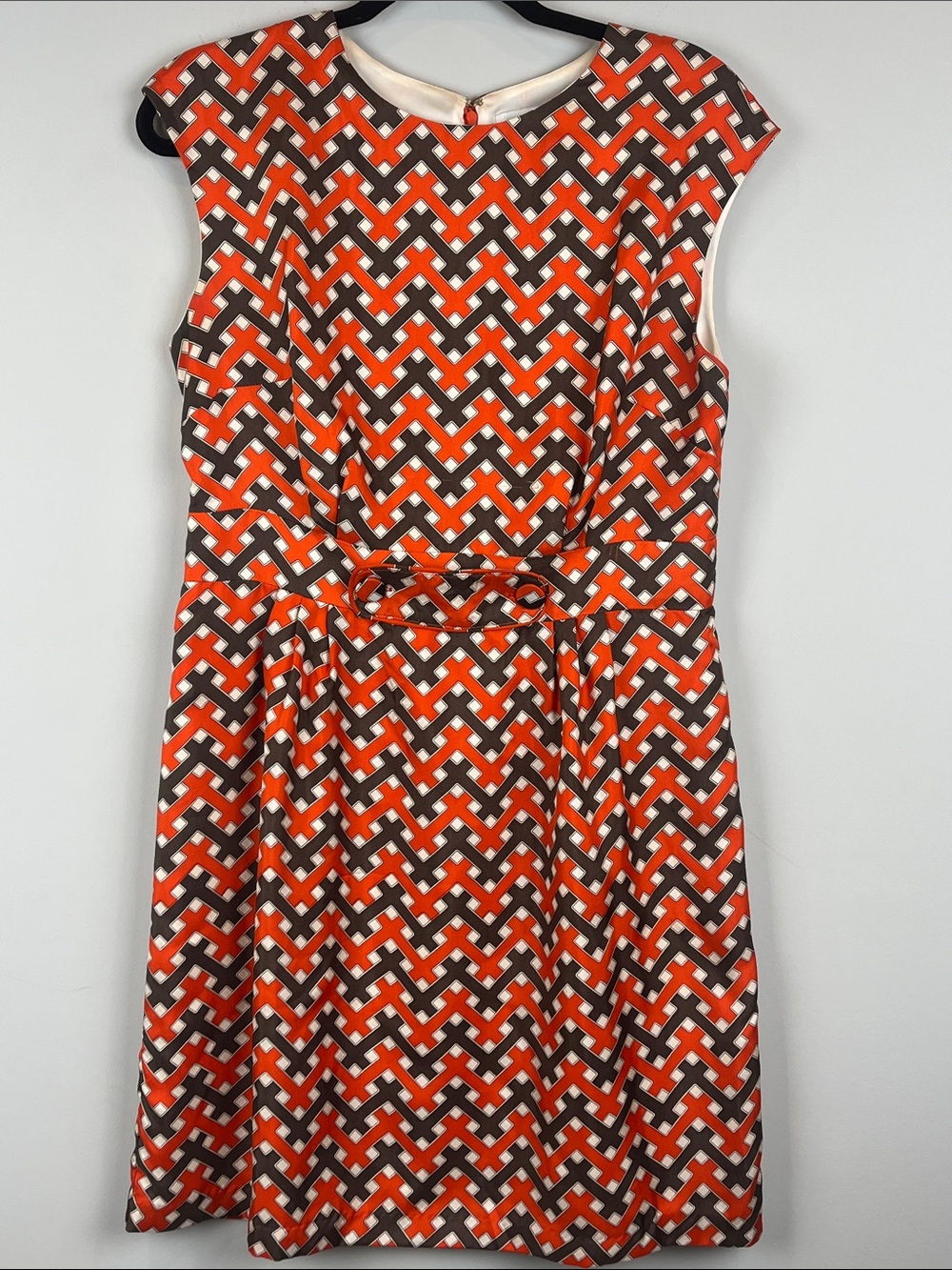 Elizabeth McKay 100% Silk Sleeveless Orange Brown Geometric Shift Dress Size 8